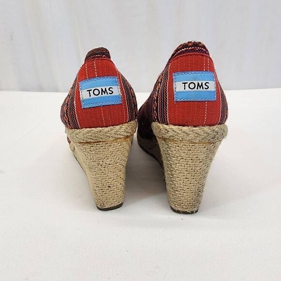 Toms Lina Red Aztec Westrern Espadrille Peep Toe Wedges Boho Casual Womens Size - Picture 5 of 9